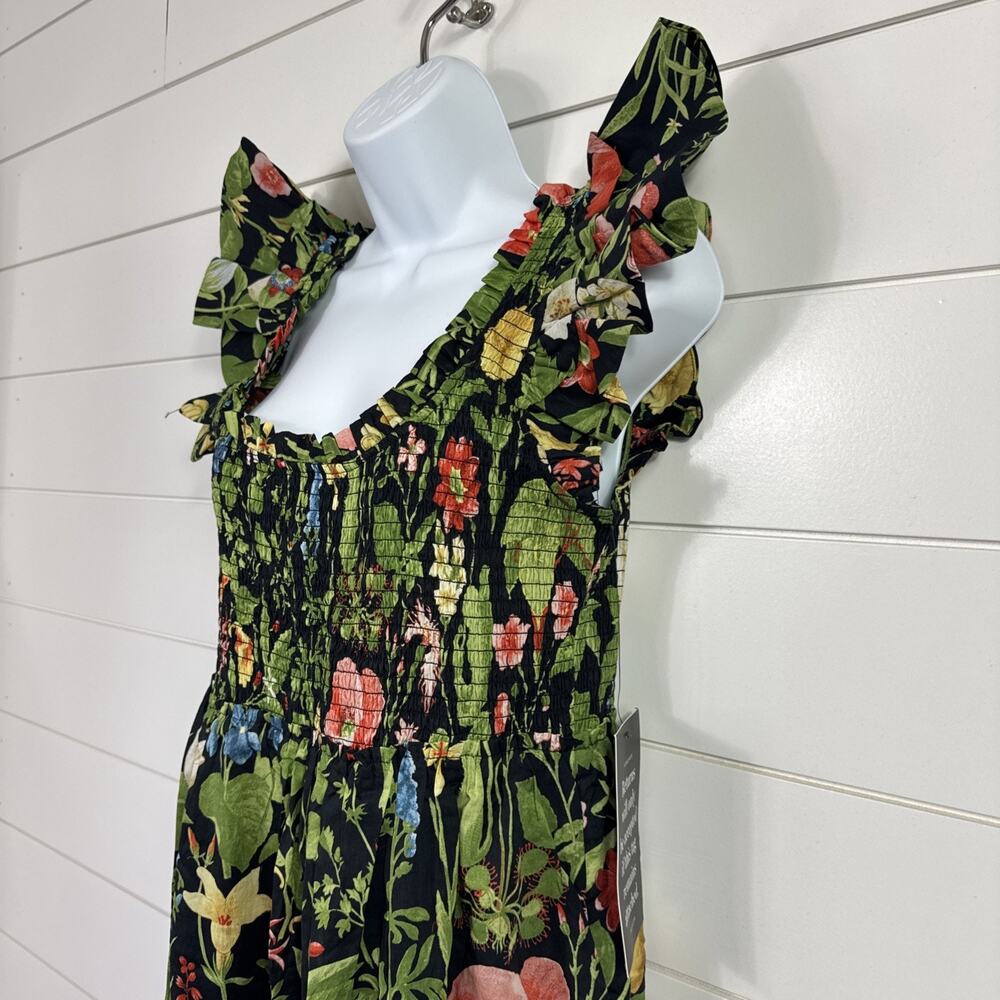 Tuckernuck Mallie Smocked Midi Dress Black Blooming Botanical Print sz L - Picture 3 of 7